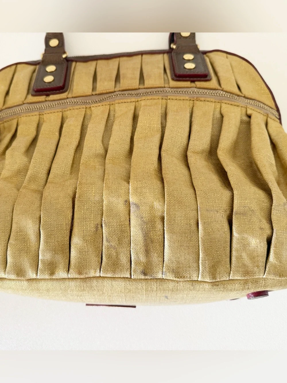MZ Wallace Bag Bedford Bea Leather Pleated Canvas Satchel Metallic Gold - Picture 6 of 16
